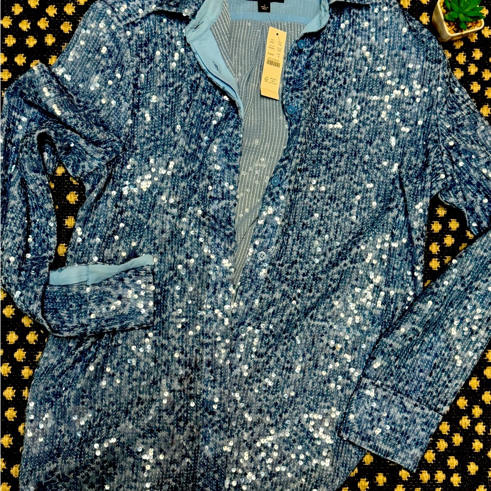 J.Crew blue sequin button-down top